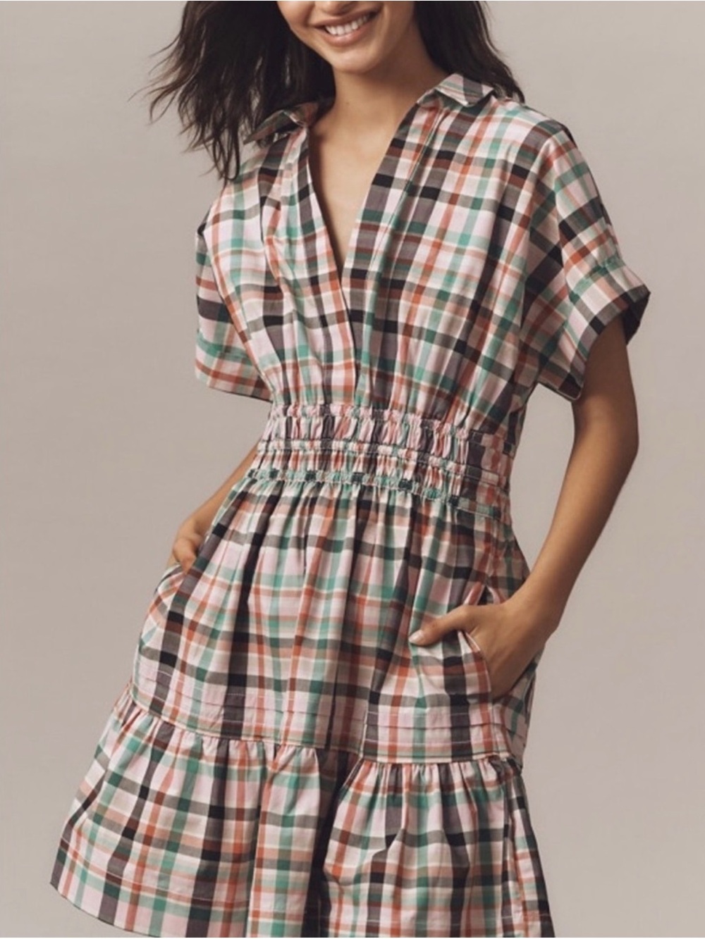 Anthropologie Somerset Plaid Mini Dress in Pink, Green, Rust